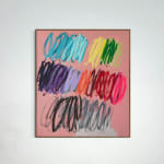 Christina Gschwantner abstract painting of multicolored scribbles of peach background on wall