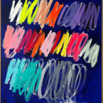 Christina Gschwantner abstract painting with blue background and colorful scribbles