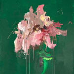 Sage Barnes floral arrangement painting with green background