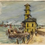 A Screenprint. The scene is of a dock. There is a yellow lighthouse with a tugboat ready to leave. There are people in the foreground. In the background is the statue of liberty.
