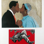 This print is in two panels. The top panel is an image of a black husband and wife. The husband is to the left and is wearing a black suit, white shirt and a red tie. The wife to the right is wearing a blue patterned dress. They are kissing. The backgroun