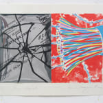 On white paper. To the left the image of a phone bill for 25 cents on shiny material with crack marks on it. To the right is a colorful image of a cut telephone wire in red, yellow, purple and blue.