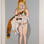 The print is a portrait of a young naked white girl with blonde hair holding a calico cat. The background is light gray.