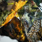 Detail of irregular rectangle with abstract painting featuring layers of yellow, green, and orange 3D elements