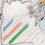 A white and gray painting with diagonal lines in blue, orange, and green, jagged black marks around the top, left, and bottom of the canvas with a jumble of black lines on the right hand side