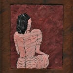 A nude woman sitting in a room made from strips of colored tin