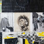 Detail of collage of images and clothing items in a gridlike fashion