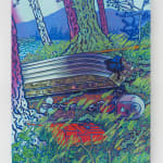 Painting of an upside down boat pulled up onto a grassy bank