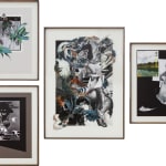 Framed collages featuring images from anthropological magazines, art publications, and colonial era photographs