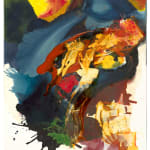 Multicolored abstract painting on paper with washes, stripes, and globs