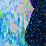 Purple and blue paper collage with moon in the sky