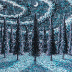 Painting of moonlit trees with blue and pink