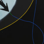 Detail image of an abstract painting in blue with a large black rim-like shape and arrow in the lower half, greenery and real coins on the left, and orange details including a C on the right