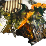 Irregular rectangle with abstract painting featuring layers of yellow, green, and orange 3D elements