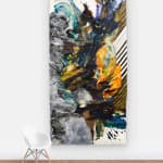 View on wall of abstract painting with grey on the edges and swaths and stripes of paint in the middle