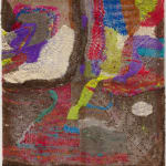 A cacophonous composition in multi-colored fibers stretched across a redwood frame as one would stretch a painting with areas of loose weaving allowing the viewer to see the stretcher and the wall behind