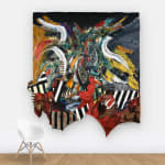 View on wall of irregular square with abstract painting featuring layers of red, green, and while 3D elements