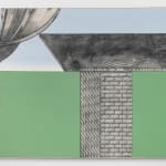 Painting with grey brick wall holding up grey structure