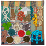 Fabric quilt that depicts an herbal medicine store in South Korea