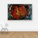 View on wall of abstract painting with red in the middle and blue on the corners