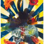 Multicolored abstract painting on paper with washes, stripes, and globs