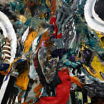 Detail of irregular square with abstract painting featuring layers of red, green, and while 3D elements