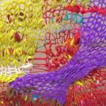 A detail of red, yellow, and purple knitting, allowing the viewer to see the varying weave