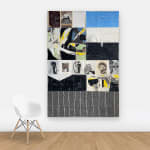 View on wall of collage of images and clothing items in a gridlike fashion