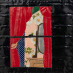 Image of window with hand pulling curtain back showing mirror and wallpaper