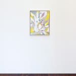 Installation view of abstract painting in white and gray with yellow and purple on white wall