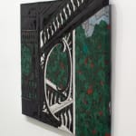 Right angle view of mixed media painting depicting architecture with a botanical background