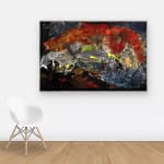 Abstract painting with layers of red, blue, and yellow hung on wall