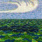 Painting of choppy green water with white cirrus cloud overhead