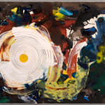 Abstract painting with brown at the edges and red, blue, and yellow in the middle