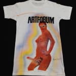 T-shirt screenprinted with image of artist posed nude with dildo