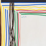 Detail image of a trapezoidal canvas with black edges and telescoping, multicolored squares with dangling wavy lines