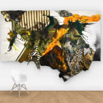 View on wall of irregular rectangle with abstract painting featuring layers of yellow, green, and orange 3D elements