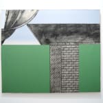 Painting with grey brick wall holding up grey structure