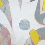 Detail of Perfumed Garden II abstract white shape with gray circle and purple and gold shapes