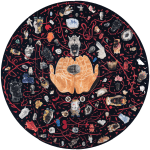 Black circular painting with red leaves, Janiforms, seashells, and crystals