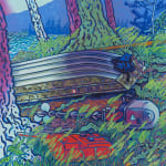 Painting of an upside down boat pulled up onto a grassy bank