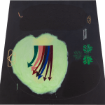 A black trapezoidal canvas with a large, pale green circle off center and multicolored arrows pointing downward, as well as symbols and leaves scattered throughout the composition