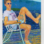 Young man in sunglasses sitting in chair on dock with lake in background