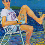Young man in sunglasses sitting in chair on dock with lake in background
