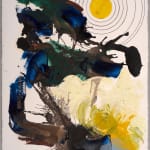 Abstract painting with yellow, brown, and blue with a series of circles in the right corner