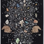 A constellation of crystals, butterflies, geodes, African sculpture, and human motifs intercut with leafy cut-outs