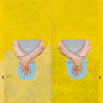 Two panel painting featuring two hands crossed on bright yellow ground