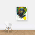 Multicolored abstract painting on paper with washes, stripes, and globs on a wall