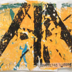 Abstract painting with three diagonal black lines on a yellow background
