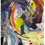 Multicolored abstract painting on paper with washes, stripes, and globs